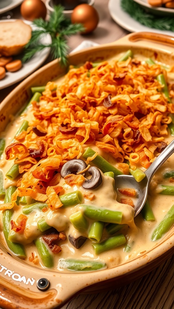 A delicious green bean casserole topped with crispy fried onions in a baking dish, ready to serve.